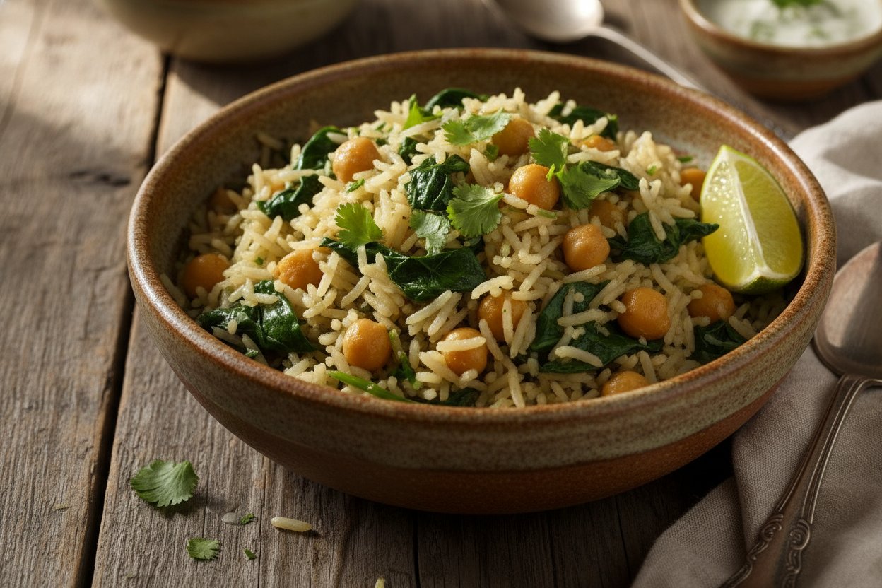 Palak Chana Pulao (Spinach Chickpea Rice)